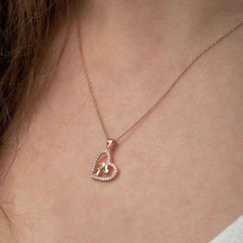 Rose Plated Three Hearts Inside a Heart Women's Silver Necklace