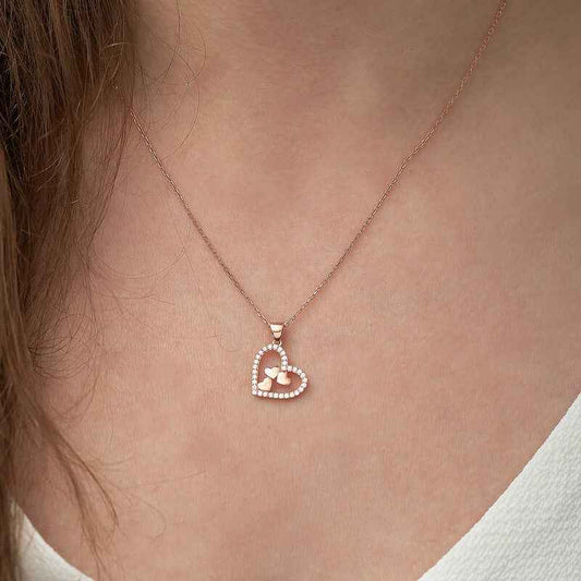 Rose Plated Three Hearts Inside a Heart Women's Silver Necklace