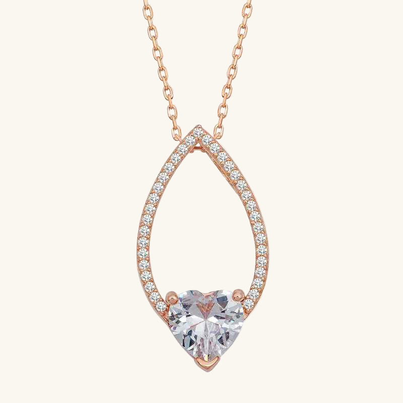 Rose Plated Heart White Stone Drop Women's Silver Necklace