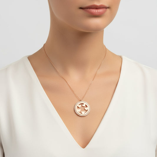 Collier en argent plaqué or rose avec cercle en forme de cœur pour femme