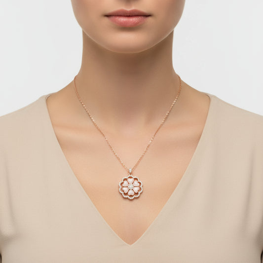 Rose Gold Plated Heart Flower Women's Silver Necklace