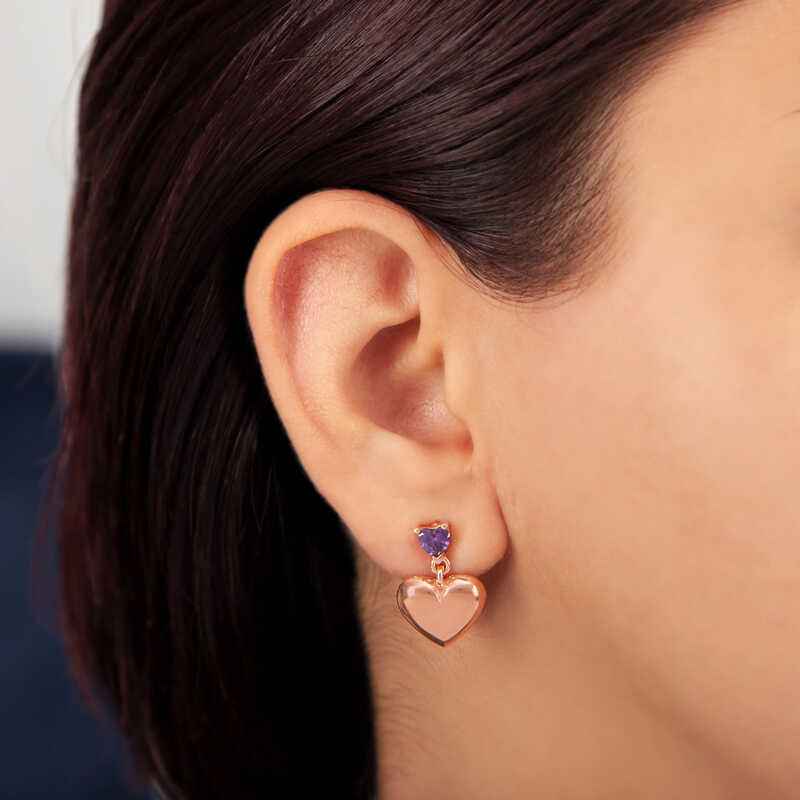 Rose Plated Purple Zircon Stone Heart Stud Women's Silver Earring