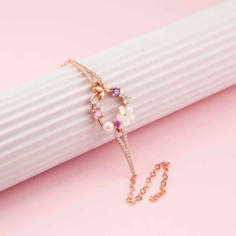 Rose Plated Heart Magnolia Flower Butterfly Women's Silver Bracelet
