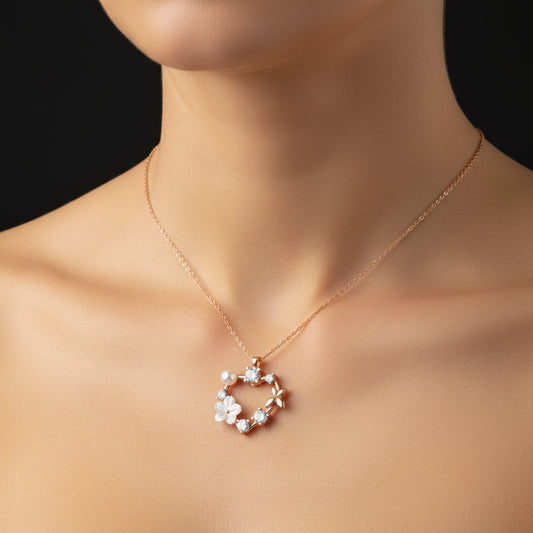 Rose Plated Heart Magnolia Flower Butterfly Women's Silver Necklace