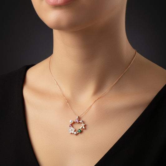 Rose Plated Heart Magnolia Flower Butterfly Women's Silver Necklace