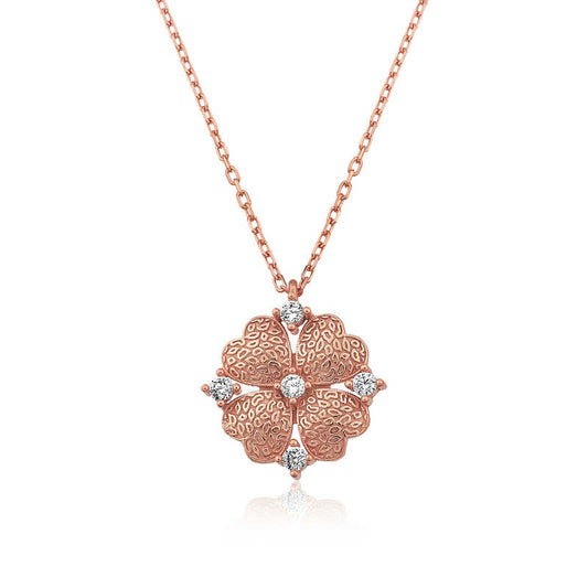 Rosévergoldete Herzblatt-Blumen-Damen-Silberkette