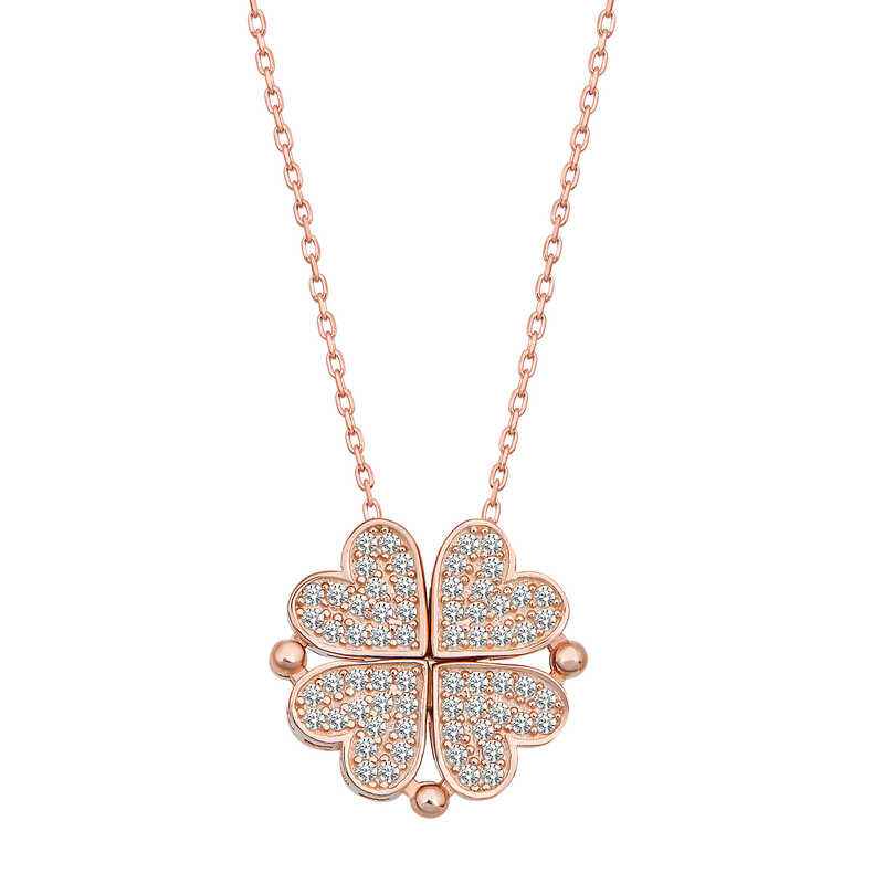 Rose Plated Heart Openable Clover Women's Silver Necklace