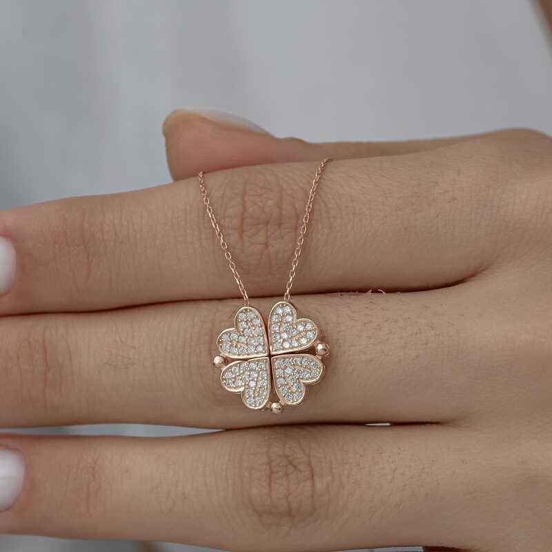 Rose Plated Heart Openable Clover Women's Silver Necklace