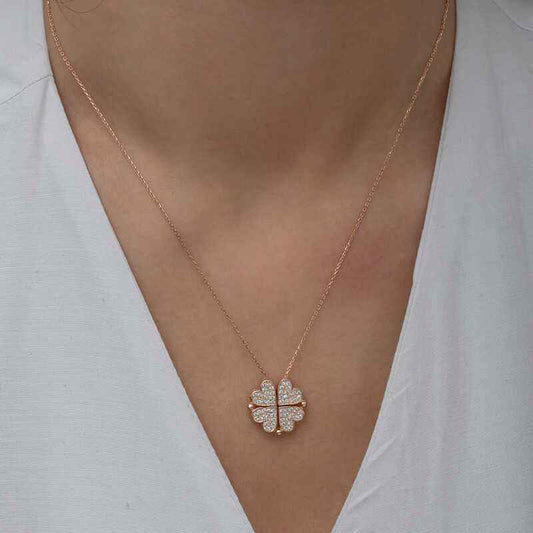 Rose Plated Heart Openable Clover Women's Silver Necklace