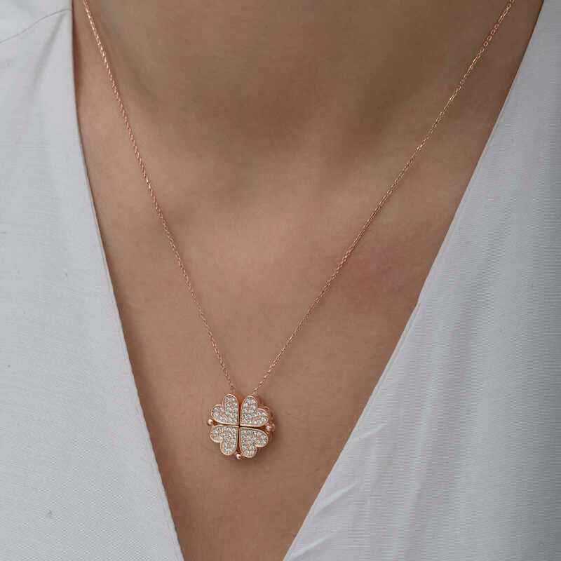 Rose Plated Heart Openable Clover Women's Silver Necklace