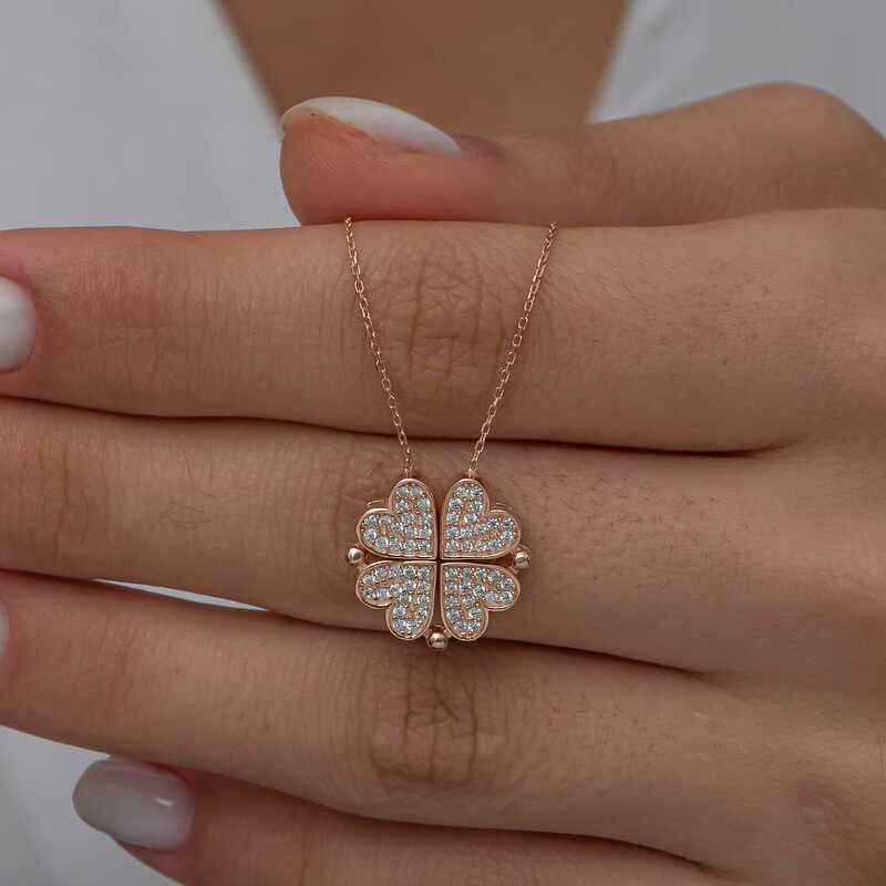Rose Plated Heart Openable Clover Women's Silver Necklace