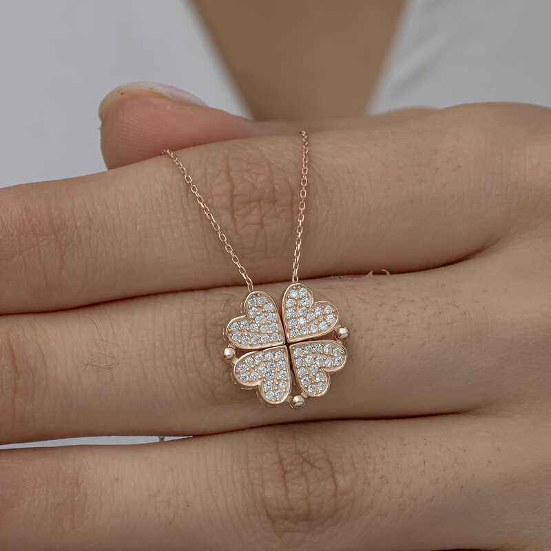 Rose Plated Heart Openable Clover Women's Silver Necklace