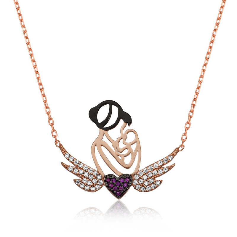 Rose Plated Heart Mother and Child Silver Necklace