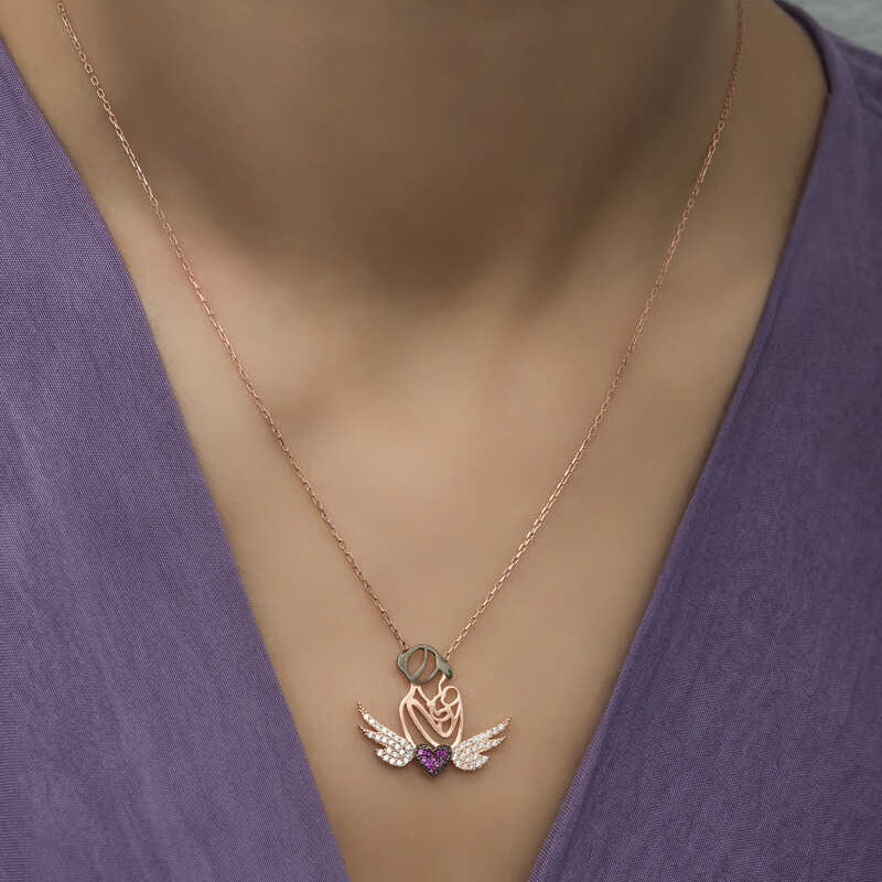 Rose Plated Heart Mother and Child Silver Necklace