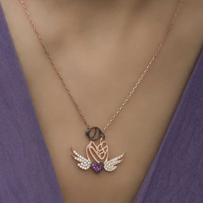 Rose Plated Heart Mother and Child Silver Necklace