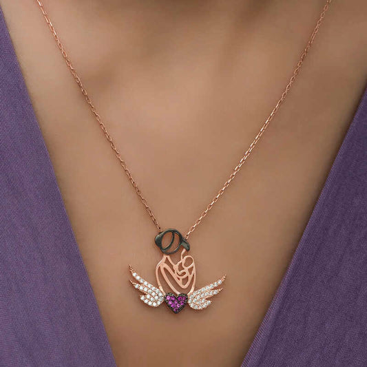Collier en argent plaqué rose avec cœur mère et enfant