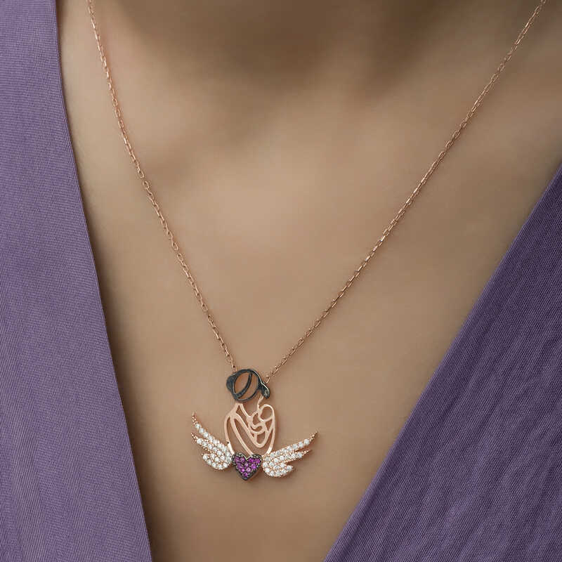 Rose Plated Heart Mother and Child Silver Necklace