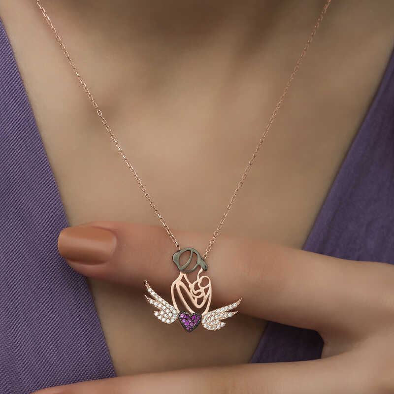 Rose Plated Heart Mother and Child Silver Necklace