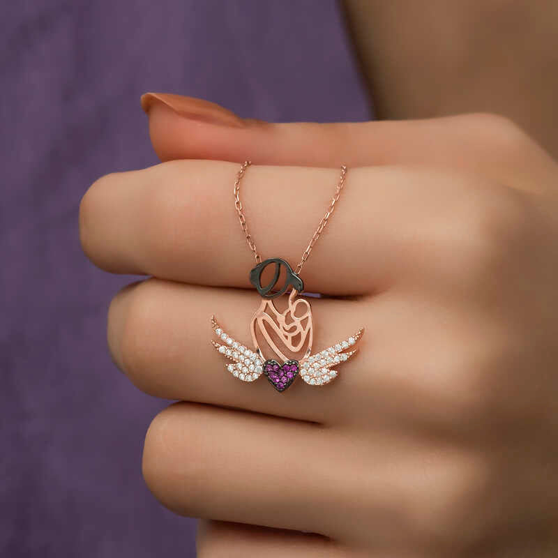 Rose Plated Heart Mother and Child Silver Necklace