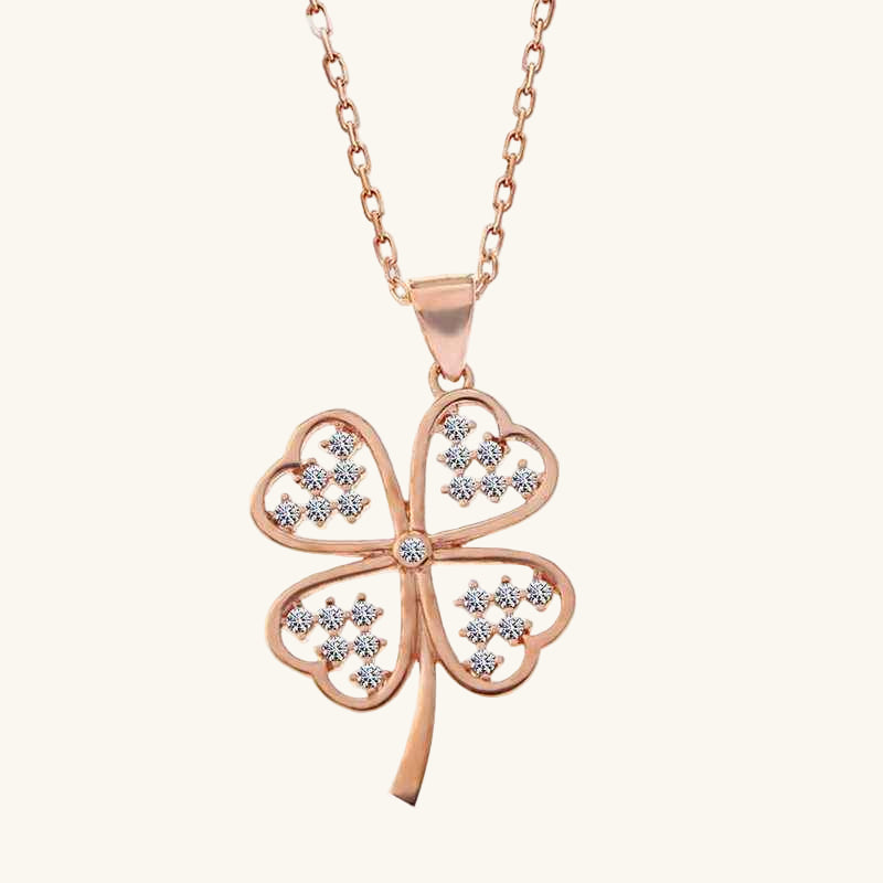 Rose Plated Heart Four-Leaf Clover Women's Silver Necklace
