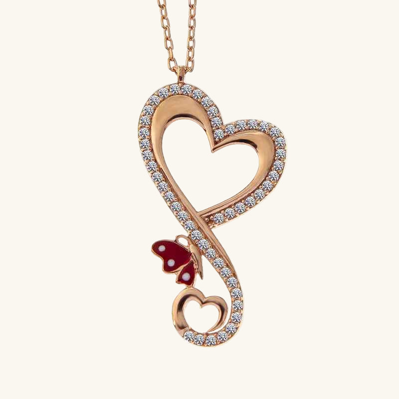 Rose Plated Heart Butterfly Women's Silver Necklace