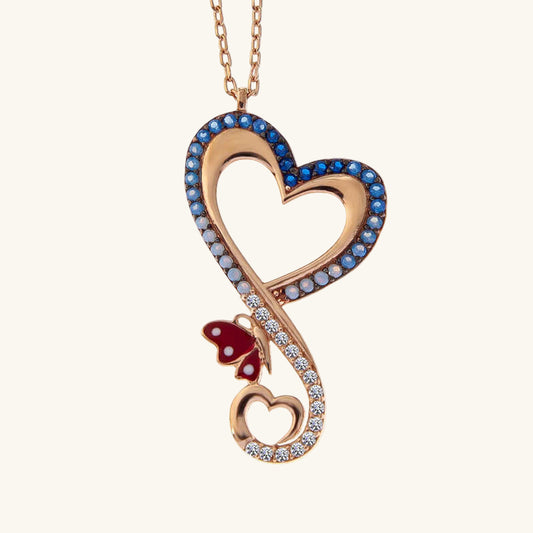 Rose Plated Heart Butterfly Women's Silver Necklace