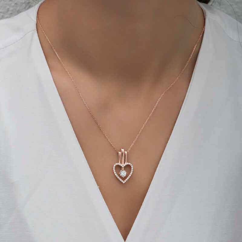 Rose Plated Heart Single Stone Women's Silver Necklace