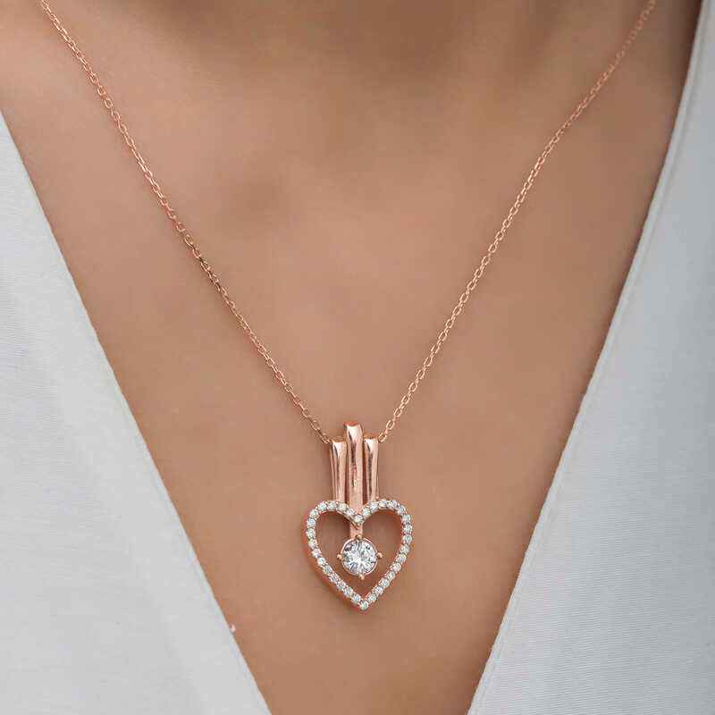 Rose Plated Heart Single Stone Women's Silver Necklace
