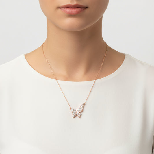 Rose Plated Butterfly Women's Silver Necklace