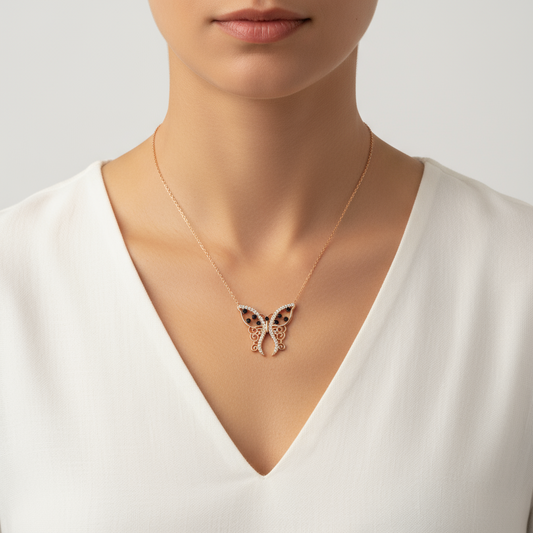 Patterned Butterfly Women's Silver Necklace