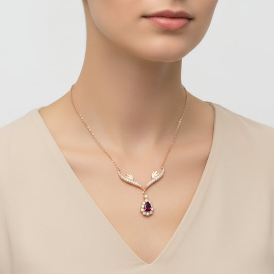 Roter Stein Medaillon Rosévergoldete Damen Silber Halskette