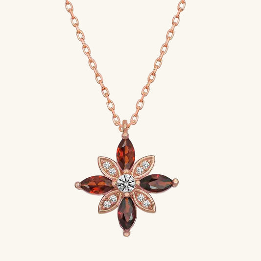 Red Stone Hope Flower Rose Gold Plated Silver Necklace