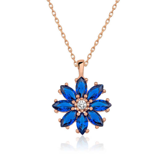 Rose Plated Lacivert Flower Silver Necklace