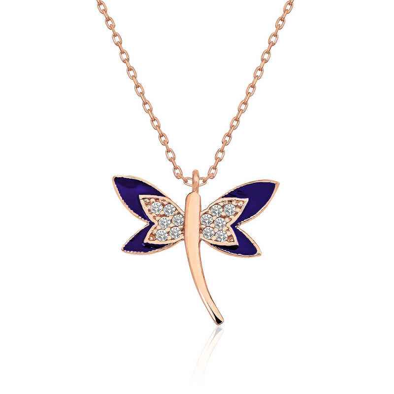 Rose Plated Lacivert Dragonfly Women's Silver Necklace