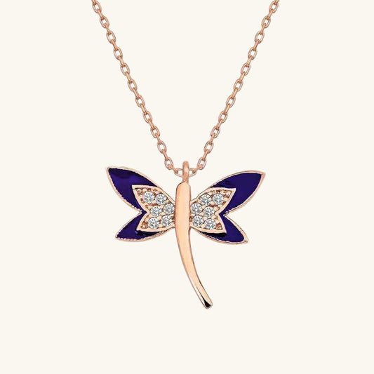 Rose Plated Lacivert Dragonfly Women's Silver Necklace