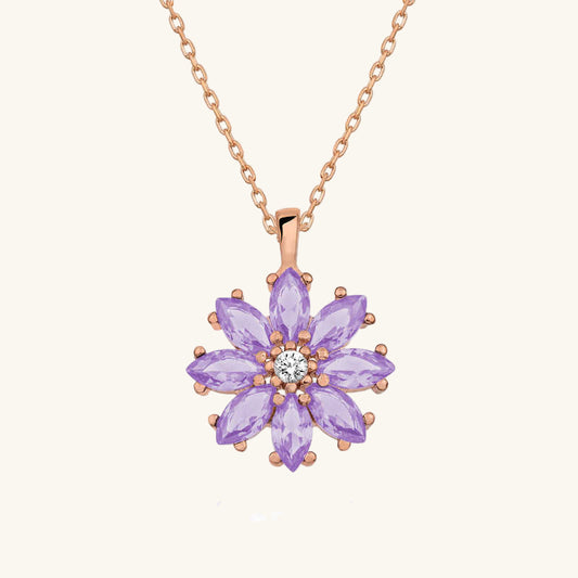 Halskette mit lila Blüten und Rose vergoldetem Silber