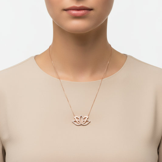 Rose Plated Lotus Flower Silver Necklace
