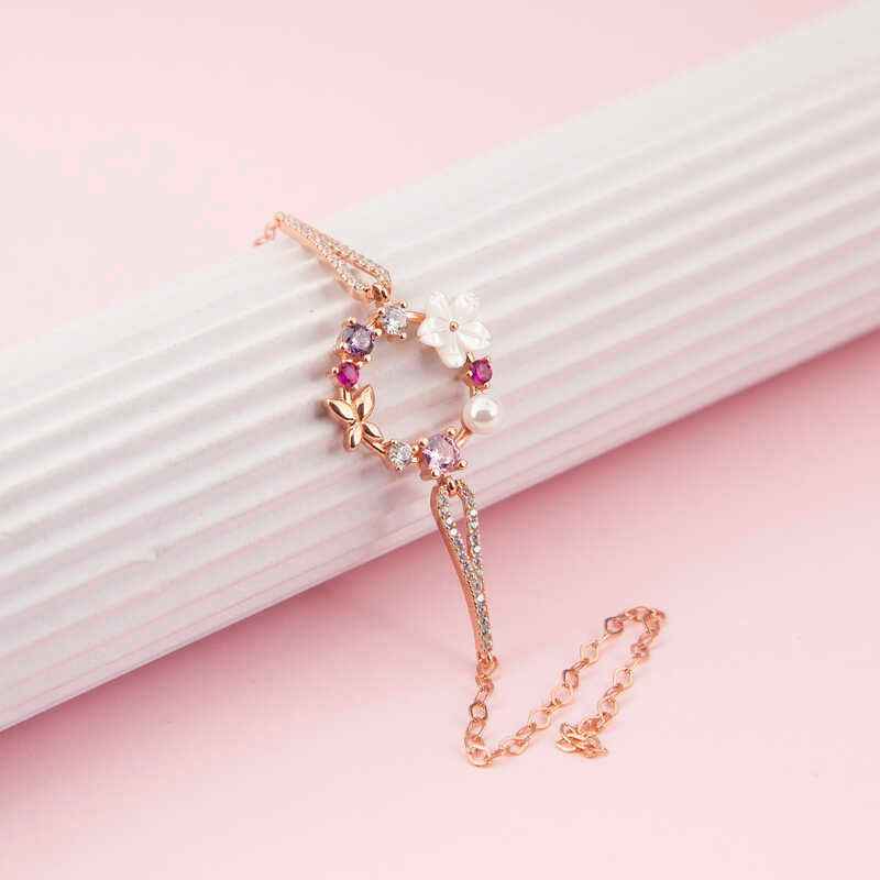 Rose Plated Magnolia Flower Butterfly Women's Silver Bracelet
