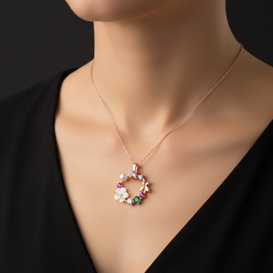 Rose Plated Magnolia Flower Butterfly Women's Silver Necklace