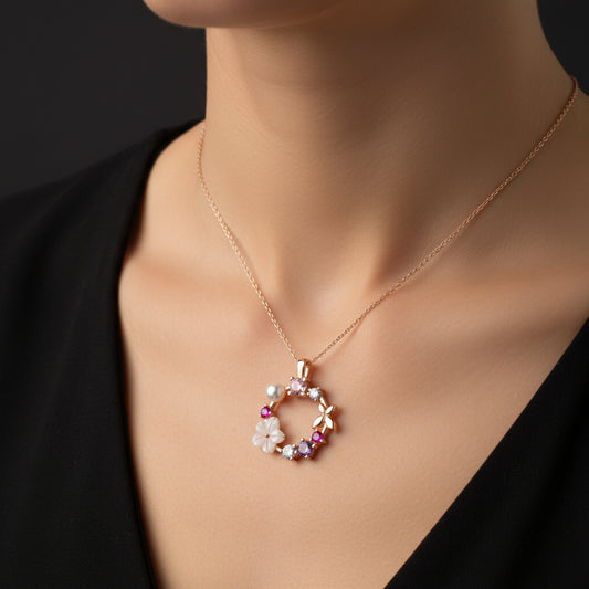 Rose Plated Magnolia Flower Butterfly Women's Silver Necklace