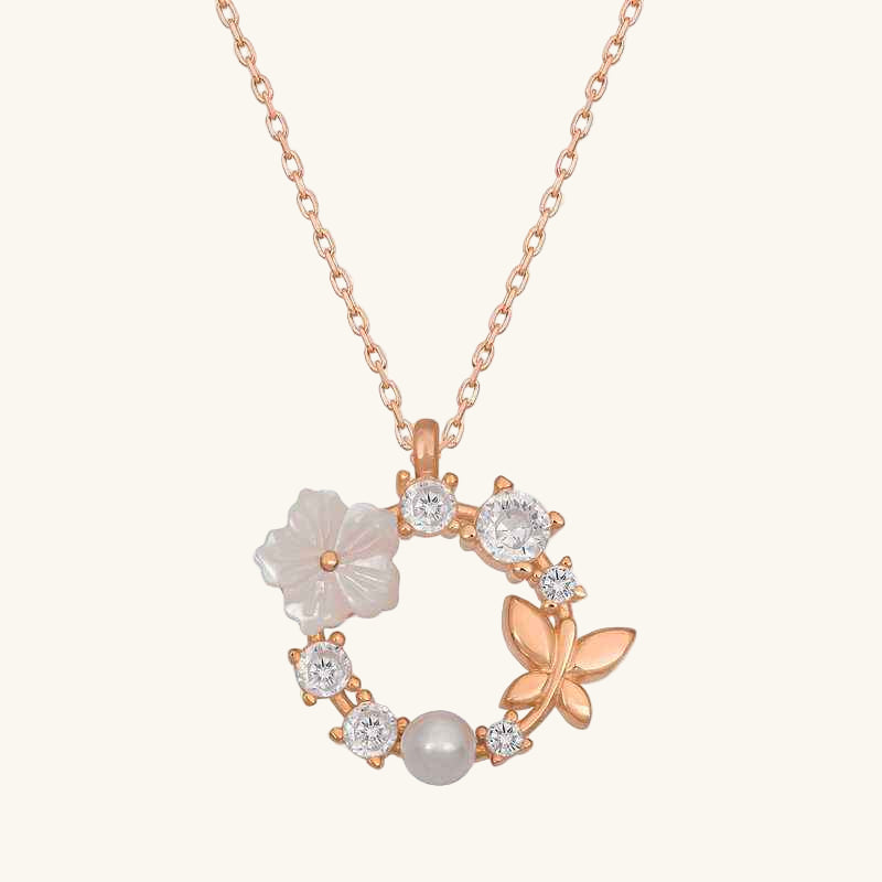 Rose Plated Magnolia Flower Butterfly Women's Silver Pendant