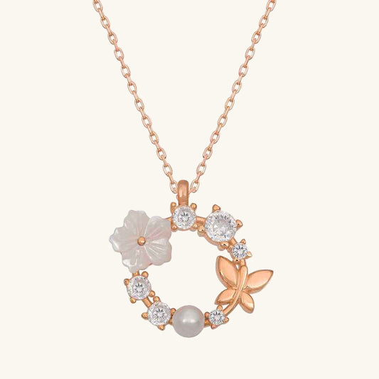 Rose Plated Magnolia Flower Butterfly Women's Silver Pendant