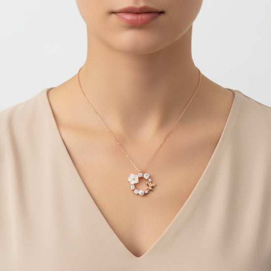 Rosévergoldete Magnolienblüten-Schmetterlings-Damen-Silberkette