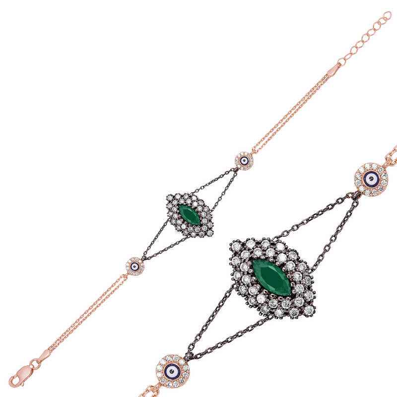 Green Stone Rose Plated Mat Silver Authentic Women's Bracelet