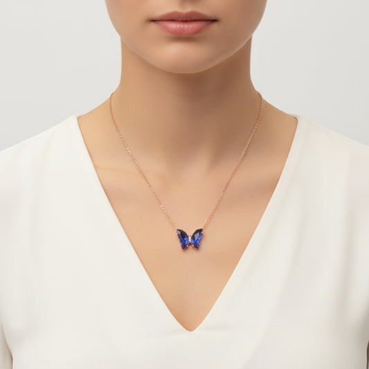 Blaue Glas Schmetterling Rose vergoldet Silber Halskette