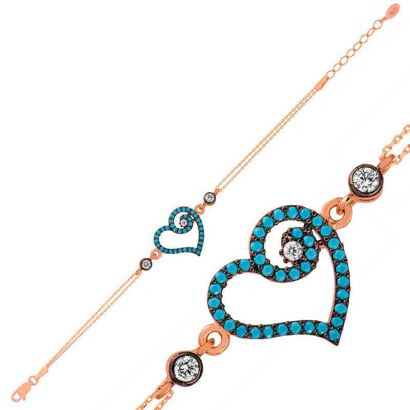 Rose Plated Blue Heart Women's Silver Bracelet