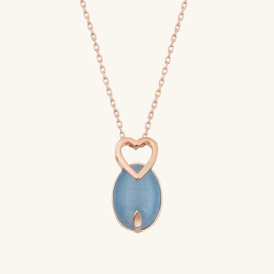 Rose Blue Cat's Eye Stone Heart Silver Pendant