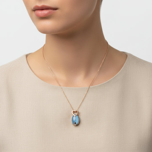Rose Blau Katzenauge Stein Herz Silber Halskette