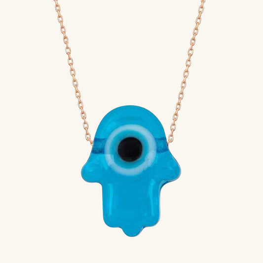 Rose Plated Blue Evil Eye Glass Hand of Fatima Women's Silver Pendant