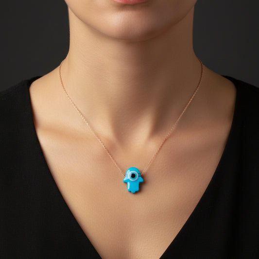 Rose Plated Blue Evil Eye Glass Hand of Fatima Women's Silver Necklace